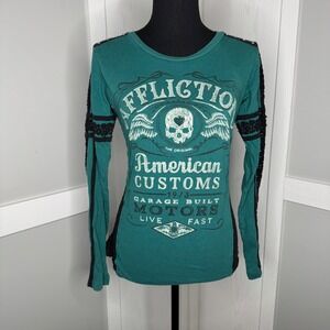 Affliction Long Sleeve Top Women Small Teal Crochet Lace Graphic American Custom